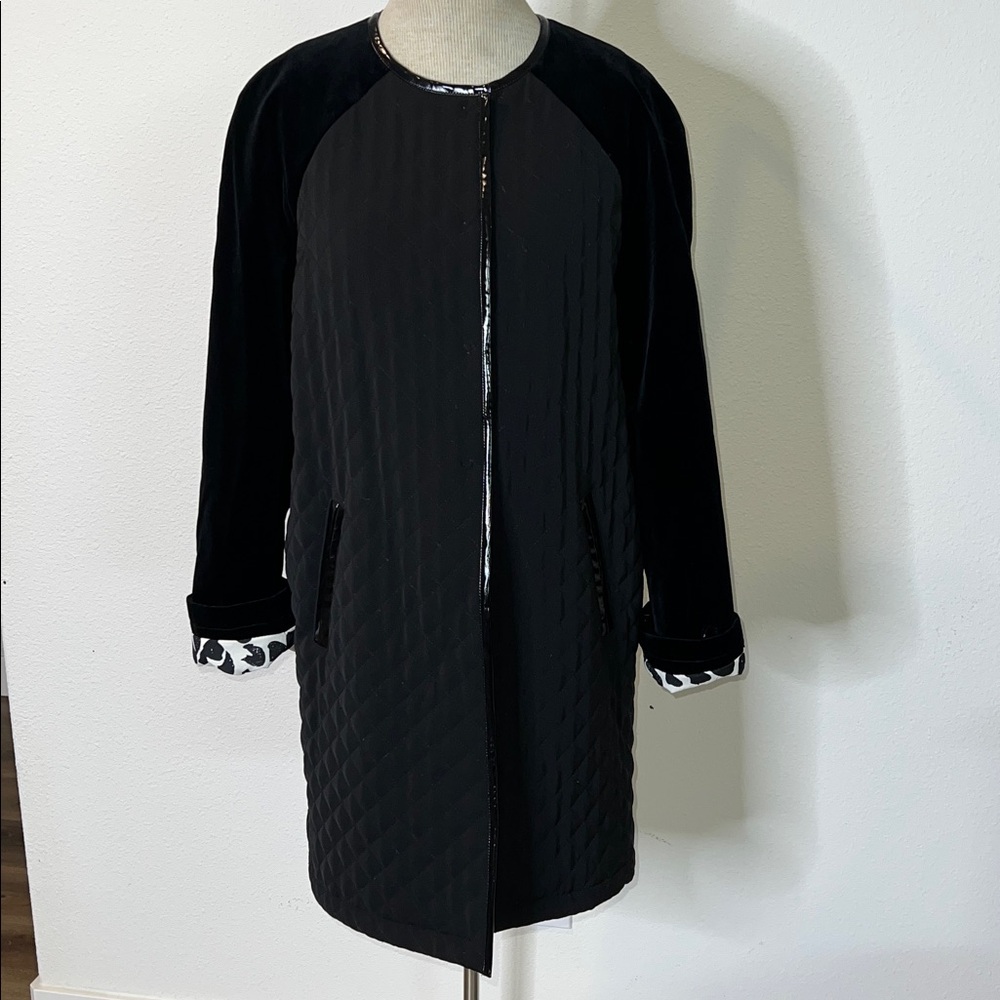 Jane Post Quilted Coat with Velvet Velour Sleeves and Faux Leather Trim